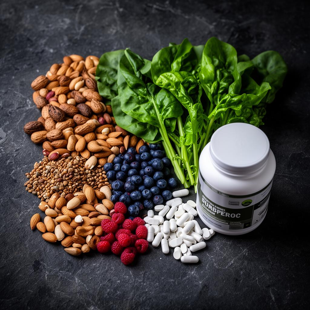 Organic superfoods, berries, greens and supplements on dark stone